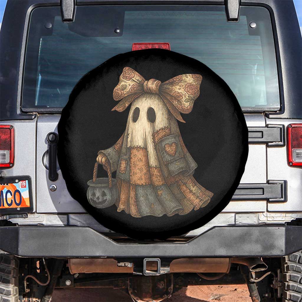 Halloween Vintage Denim Patchwork Spooky Ghost Coquette Spare Tire Cover - Wonder Print Shop