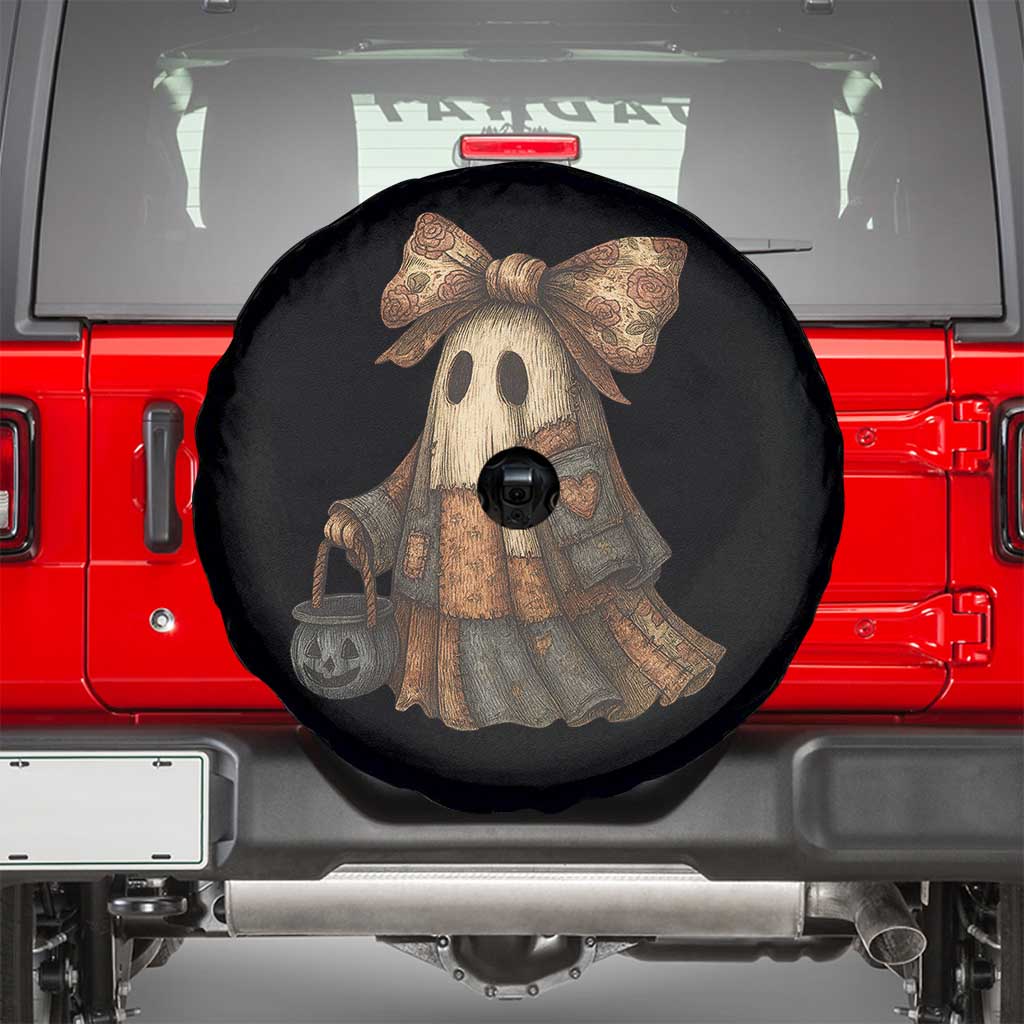 Halloween Vintage Denim Patchwork Spooky Ghost Coquette Spare Tire Cover - Wonder Print Shop