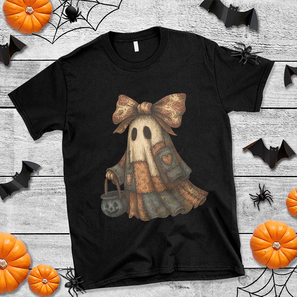 Halloween Vintage Denim Patchwork Spooky Ghost Coquette T Shirt - Wonder Print Shop