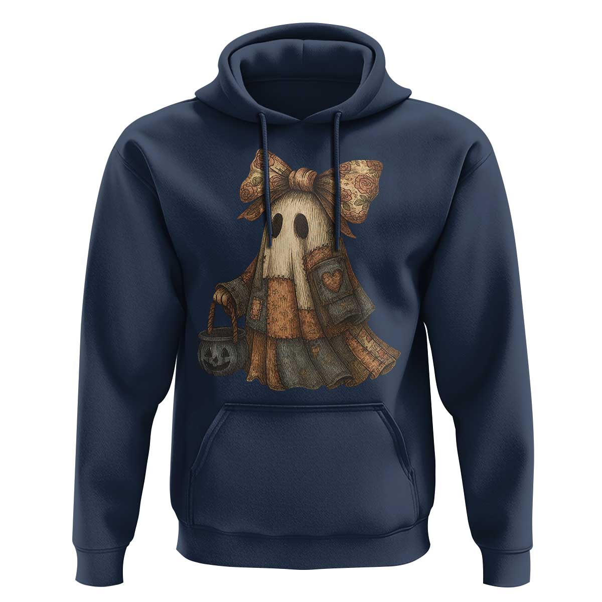 Halloween Vintage Denim Patchwork Spooky Ghost Coquette Hoodie - Wonder Print Shop