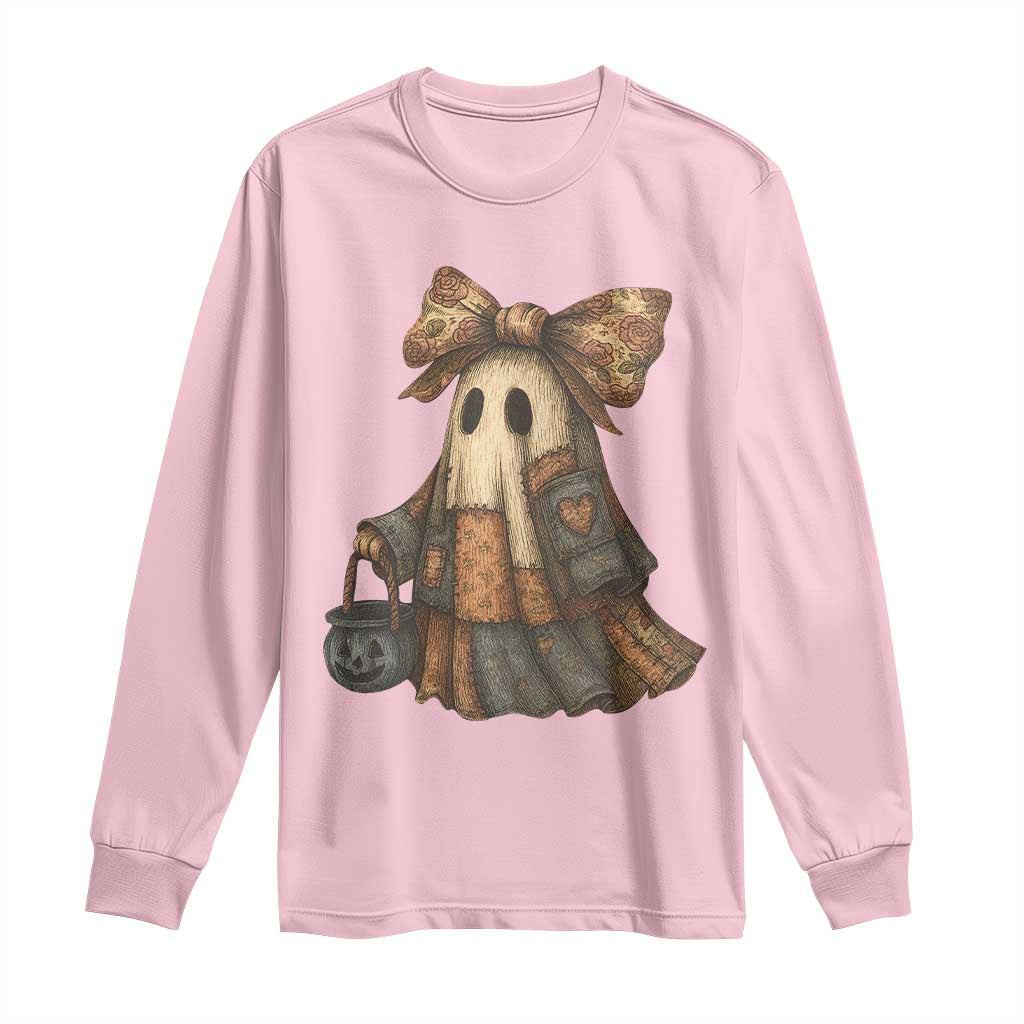 Halloween Vintage Denim Patchwork Spooky Ghost Coquette Long Sleeve Shirt - Wonder Print Shop