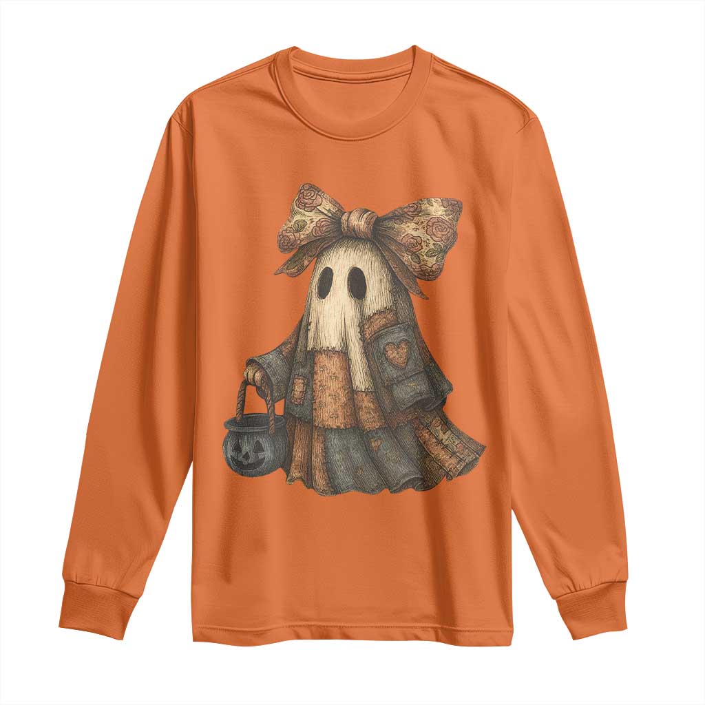Halloween Vintage Denim Patchwork Spooky Ghost Coquette Long Sleeve Shirt - Wonder Print Shop