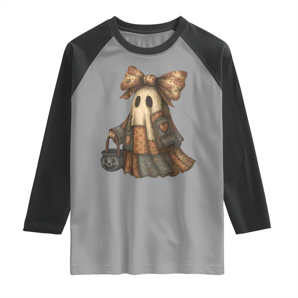 Halloween Vintage Denim Patchwork Spooky Ghost Coquette Raglan Shirt - Wonder Print Shop