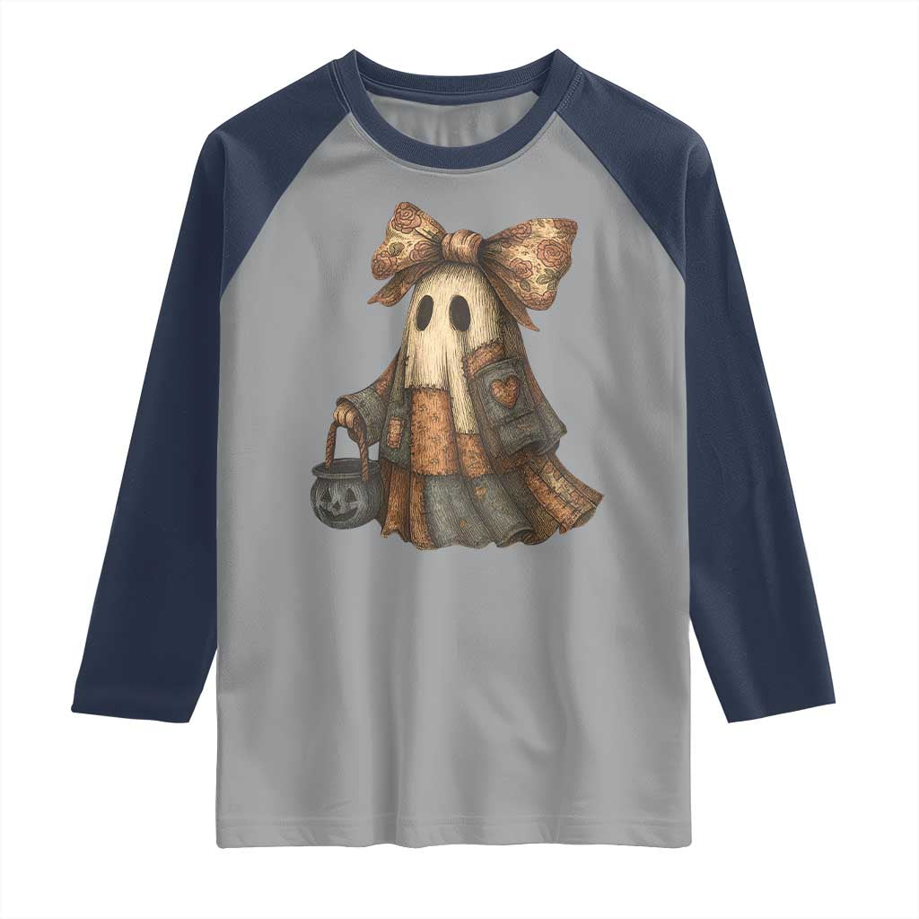 Halloween Vintage Denim Patchwork Spooky Ghost Coquette Raglan Shirt - Wonder Print Shop