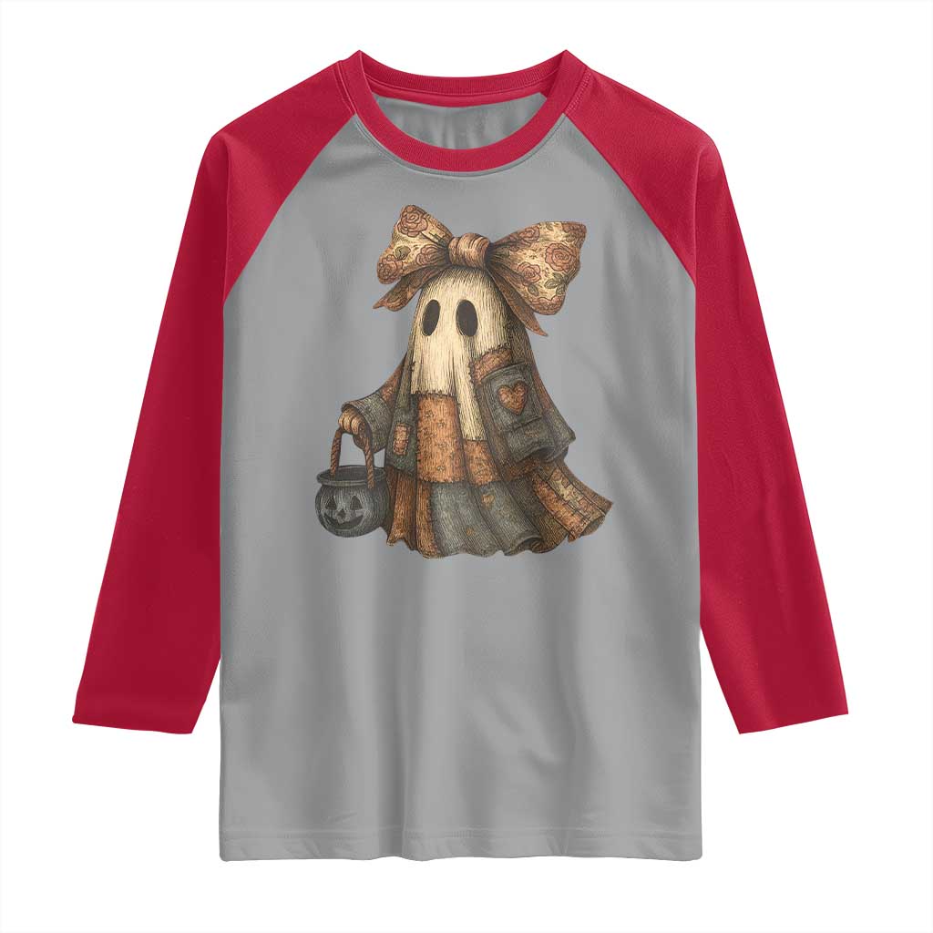 Halloween Vintage Denim Patchwork Spooky Ghost Coquette Raglan Shirt - Wonder Print Shop