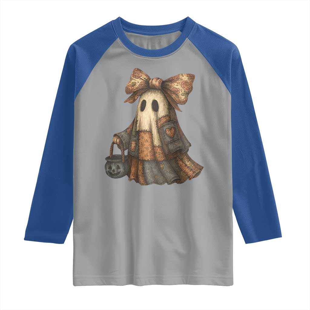Halloween Vintage Denim Patchwork Spooky Ghost Coquette Raglan Shirt - Wonder Print Shop
