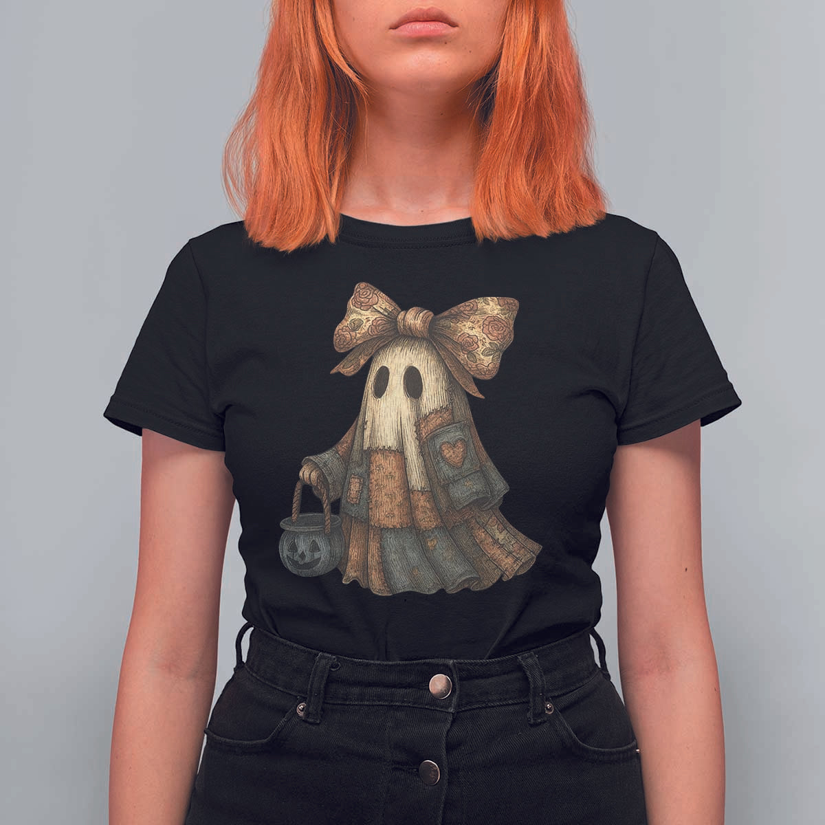 Halloween Vintage Denim Patchwork Spooky Ghost Coquette T Shirt For Women - Wonder Print Shop