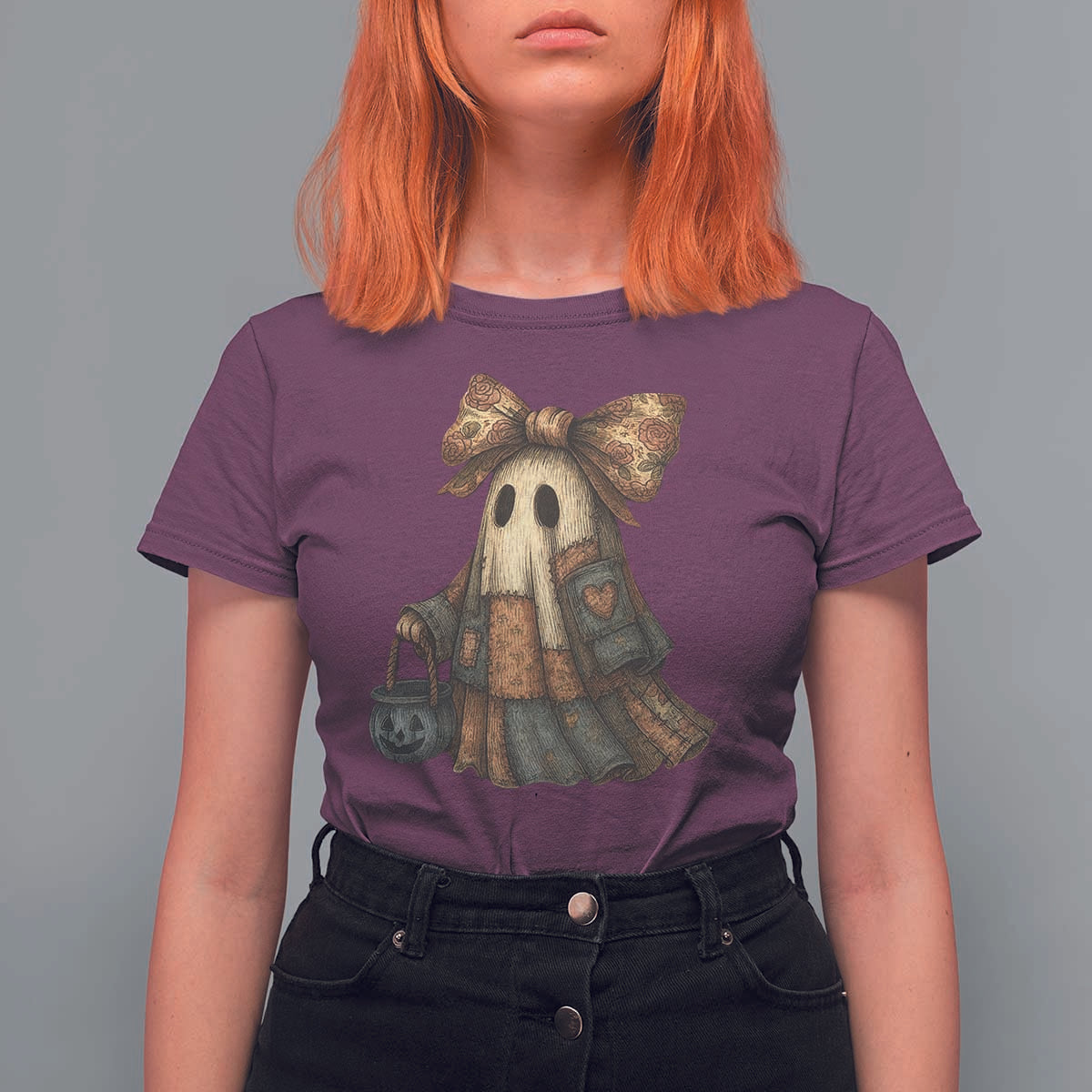 Halloween Vintage Denim Patchwork Spooky Ghost Coquette T Shirt For Women - Wonder Print Shop