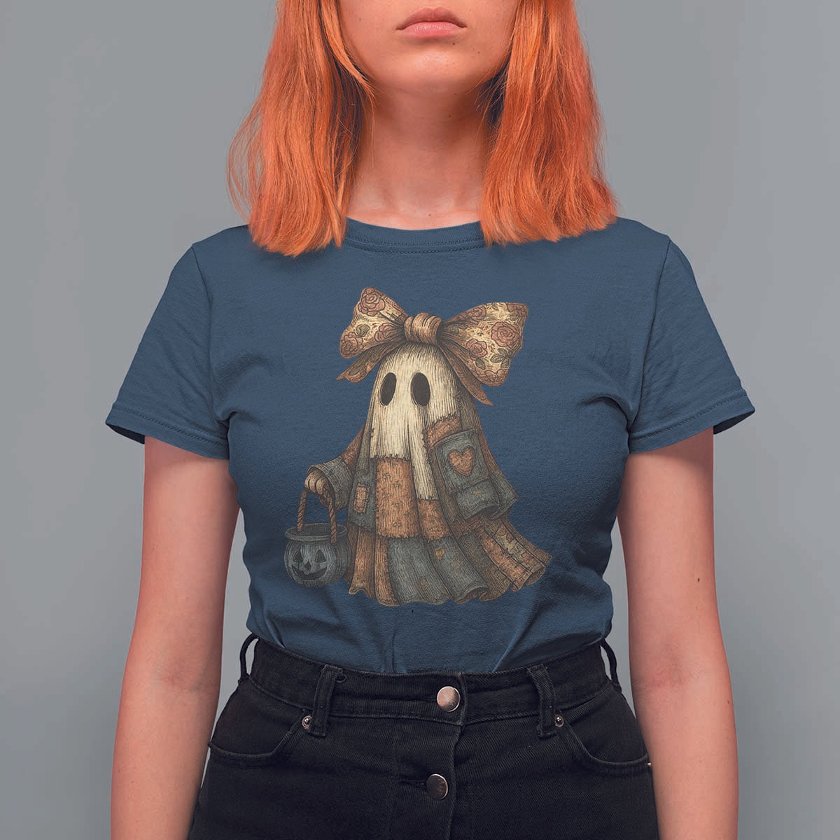 Halloween Vintage Denim Patchwork Spooky Ghost Coquette T Shirt For Women - Wonder Print Shop