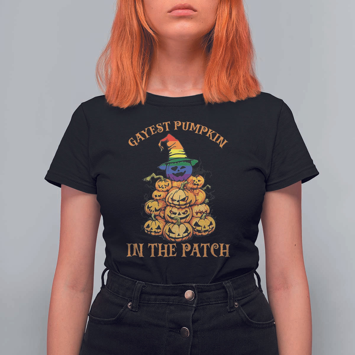 Funny Halloween LGBT T Shirt For Women Gayest Pumpkin In The Patch Rainbow Flag - Wonder Print Shop