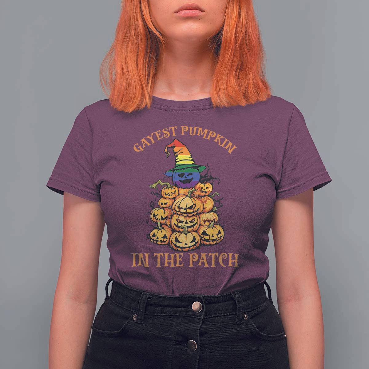 Funny Halloween LGBT T Shirt For Women Gayest Pumpkin In The Patch Rainbow Flag - Wonder Print Shop