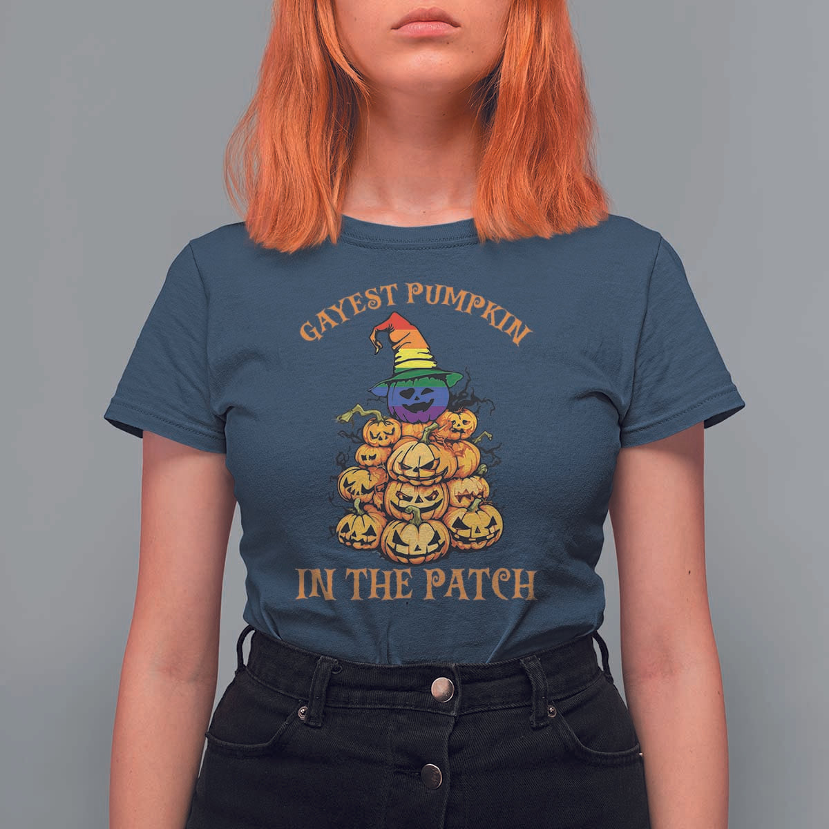 Funny Halloween LGBT T Shirt For Women Gayest Pumpkin In The Patch Rainbow Flag - Wonder Print Shop
