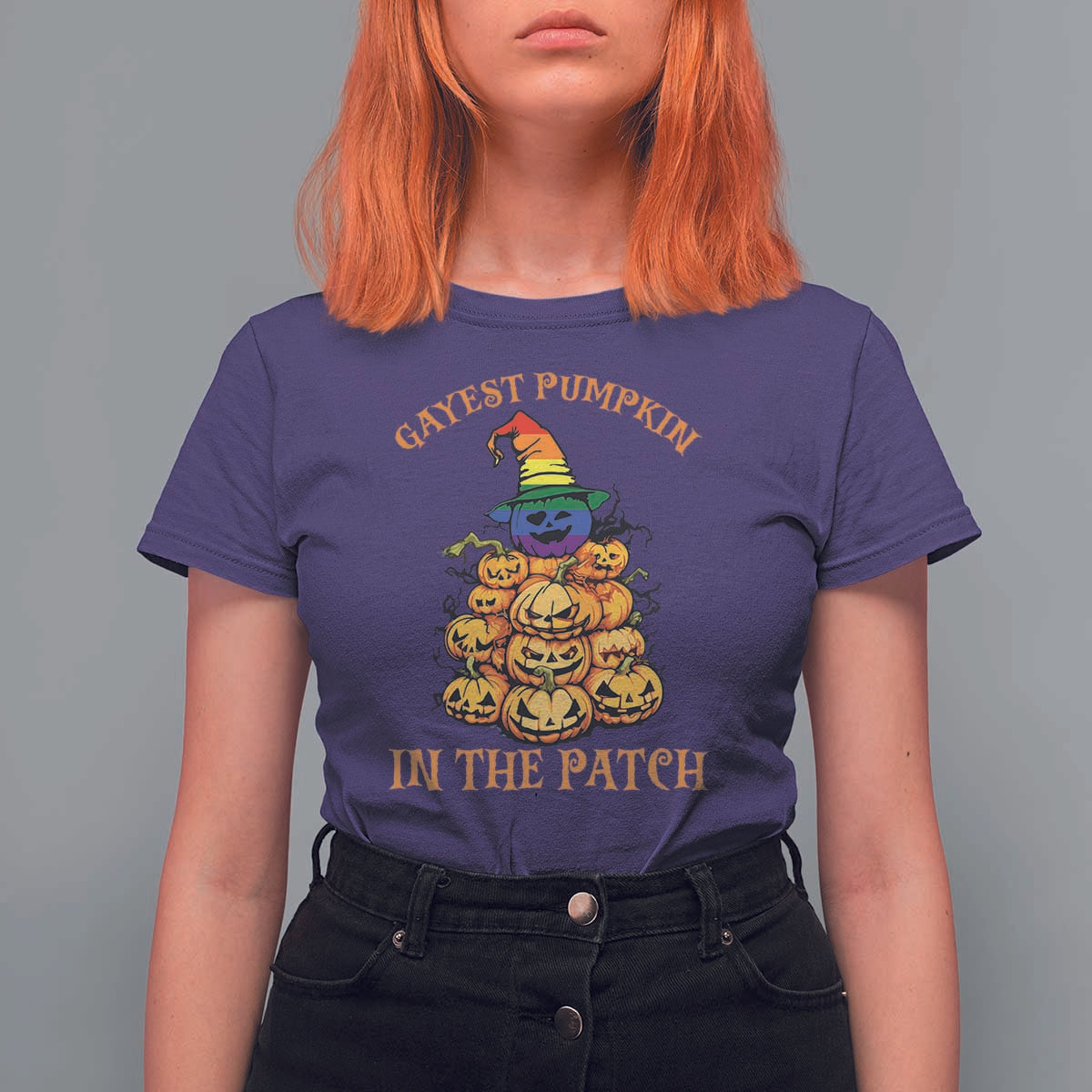 Funny Halloween LGBT T Shirt For Women Gayest Pumpkin In The Patch Rainbow Flag - Wonder Print Shop