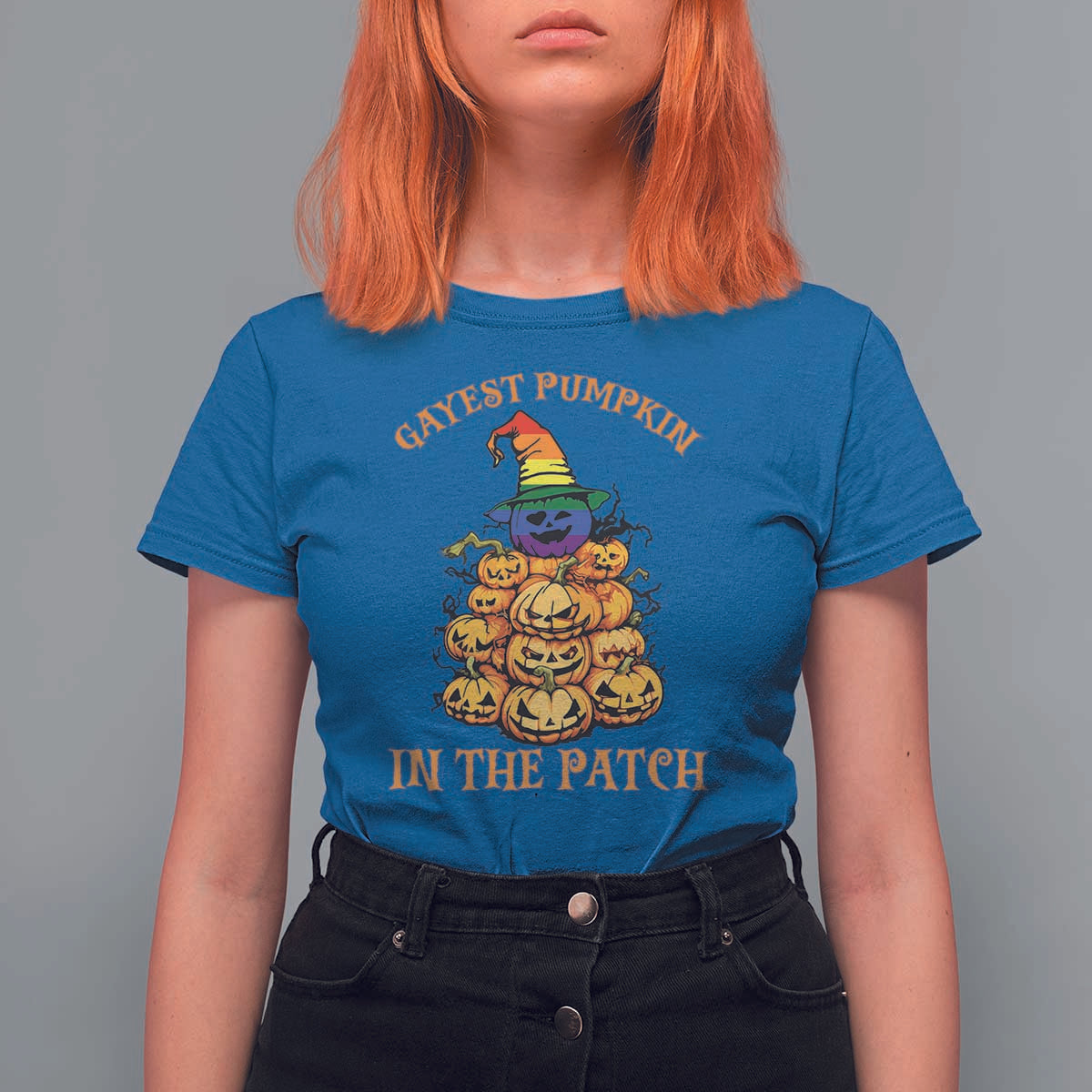 Funny Halloween LGBT T Shirt For Women Gayest Pumpkin In The Patch Rainbow Flag - Wonder Print Shop