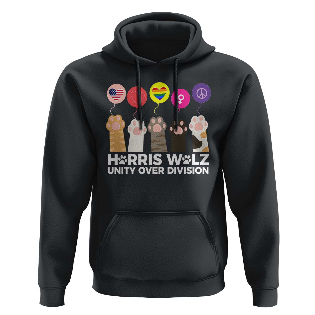 Funny Harris Walz Supporter Hoodie Unity Over Division Cat Paw American Flag Human Rights Feminism Equal Rights - Wonder Print Shop
