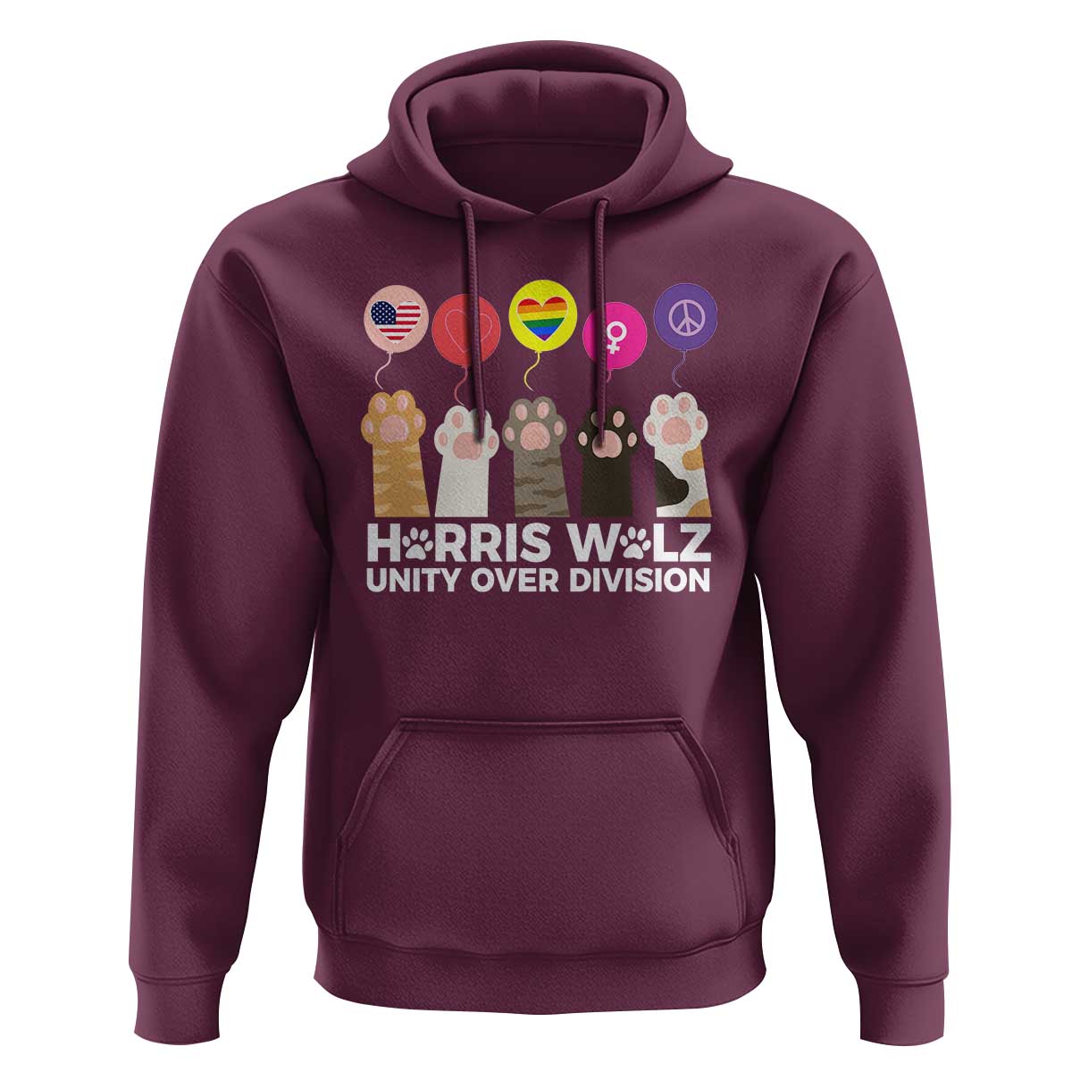 Funny Harris Walz Supporter Hoodie Unity Over Division Cat Paw American Flag Human Rights Feminism Equal Rights - Wonder Print Shop