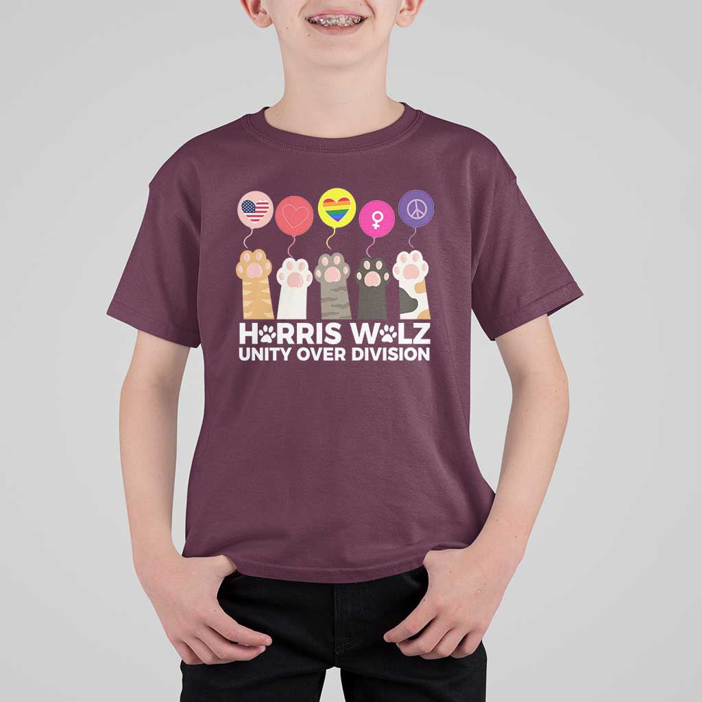 Funny Harris Walz Supporter T Shirt For Kid Unity Over Division Cat Paw American Flag Human Rights Feminism Equal Rights - Wonder Print Shop