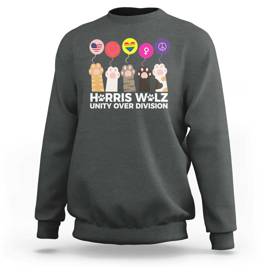 Funny Harris Walz Supporter Sweatshirt Unity Over Division Cat Paw American Flag Human Rights Feminism Equal Rights - Wonder Print Shop