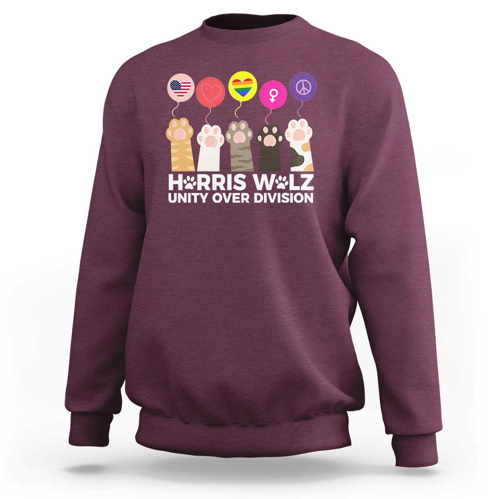 Funny Harris Walz Supporter Sweatshirt Unity Over Division Cat Paw American Flag Human Rights Feminism Equal Rights - Wonder Print Shop