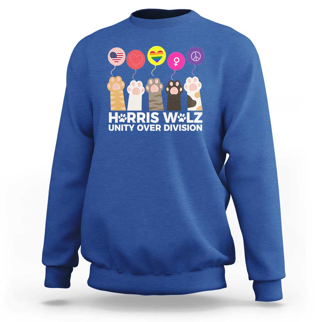 Funny Harris Walz Supporter Sweatshirt Unity Over Division Cat Paw American Flag Human Rights Feminism Equal Rights - Wonder Print Shop