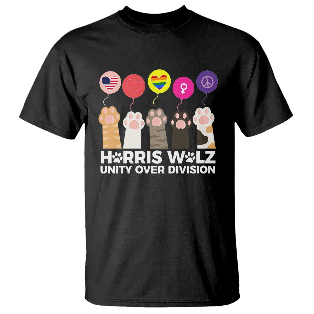 Funny Harris Walz Supporter T Shirt Unity Over Division Cat Paw American Flag Human Rights Feminism Equal Rights - Wonder Print Shop