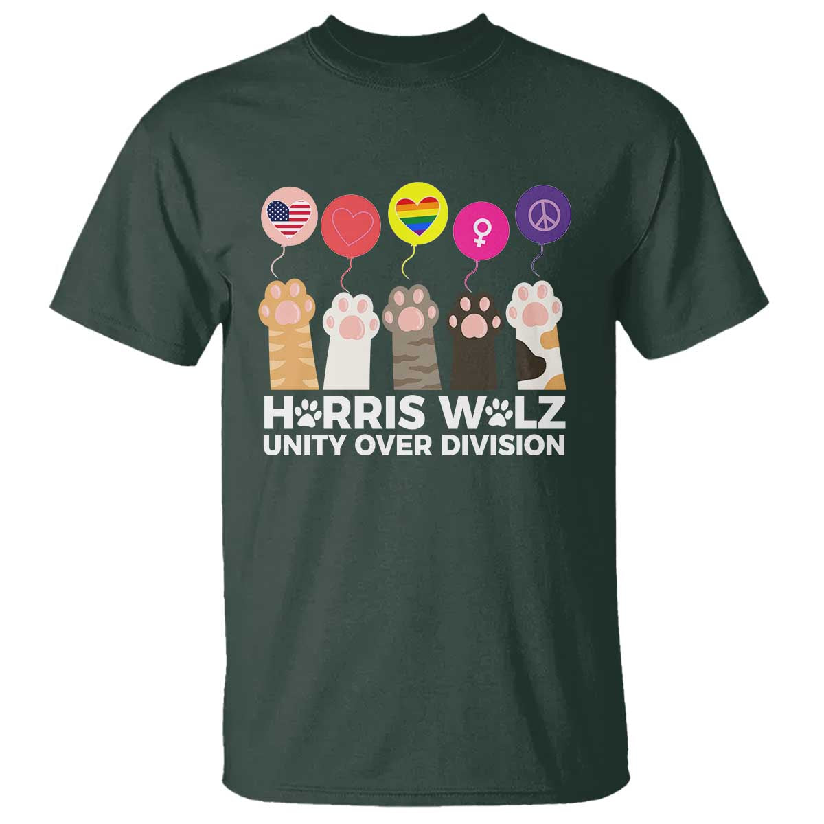 Funny Harris Walz Supporter T Shirt Unity Over Division Cat Paw American Flag Human Rights Feminism Equal Rights - Wonder Print Shop