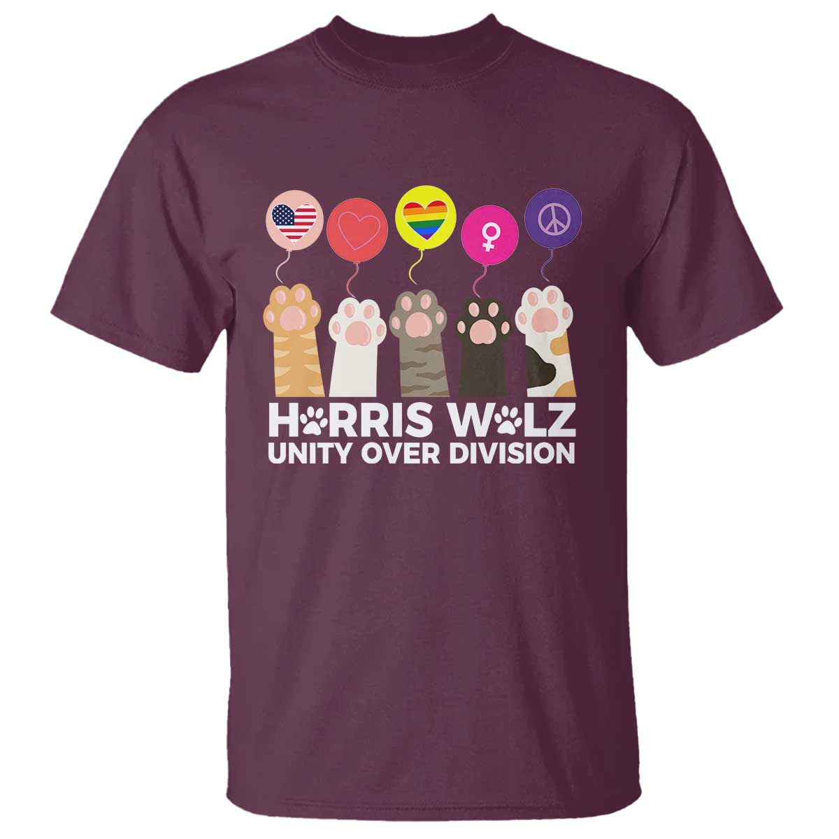 Funny Harris Walz Supporter T Shirt Unity Over Division Cat Paw American Flag Human Rights Feminism Equal Rights - Wonder Print Shop