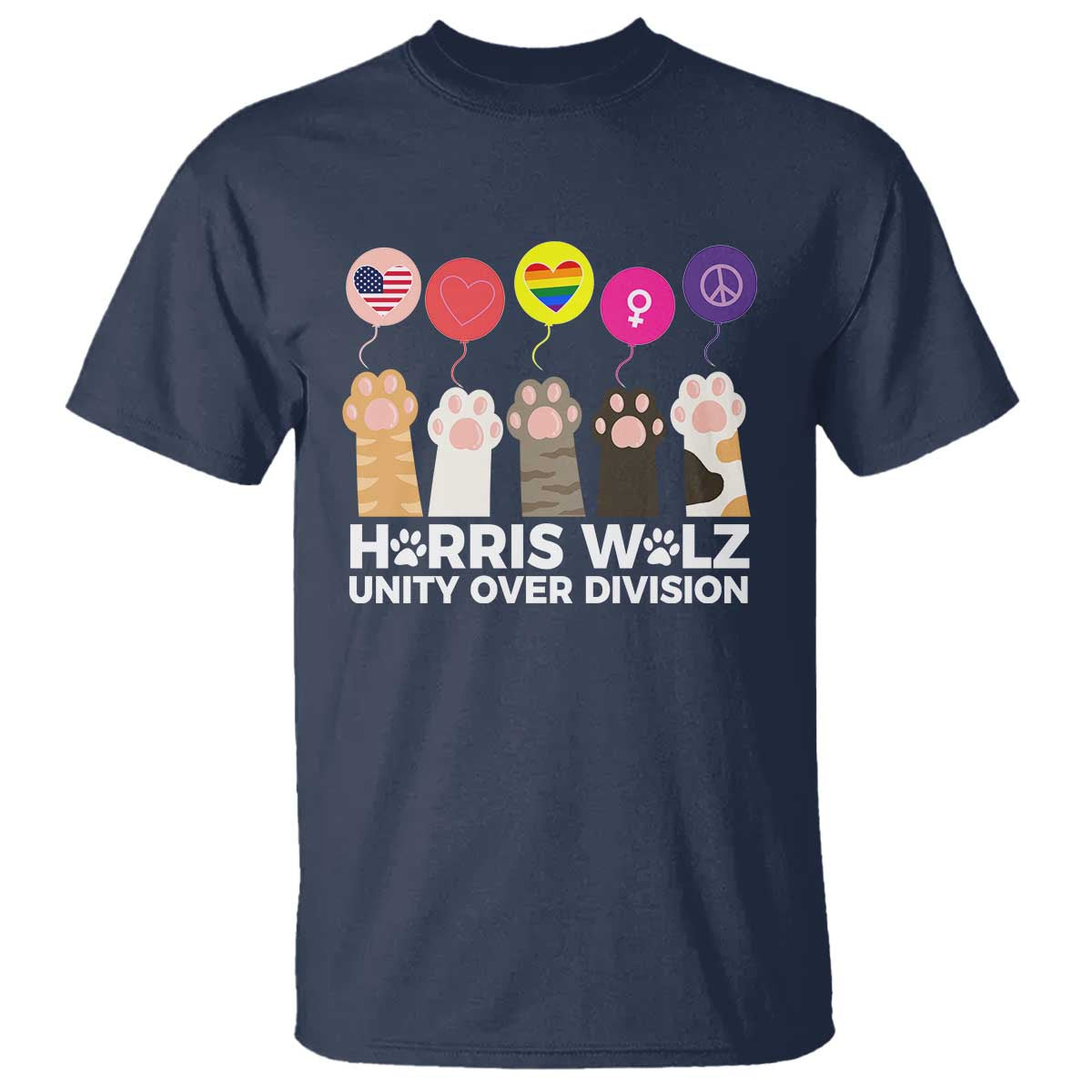 Funny Harris Walz Supporter T Shirt Unity Over Division Cat Paw American Flag Human Rights Feminism Equal Rights - Wonder Print Shop