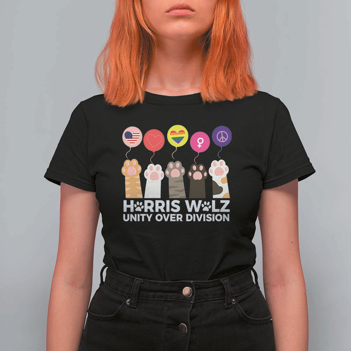 Funny Harris Walz Supporter T Shirt For Women Unity Over Division Cat Paw American Flag Human Rights Feminism Equal Rights - Wonder Print Shop