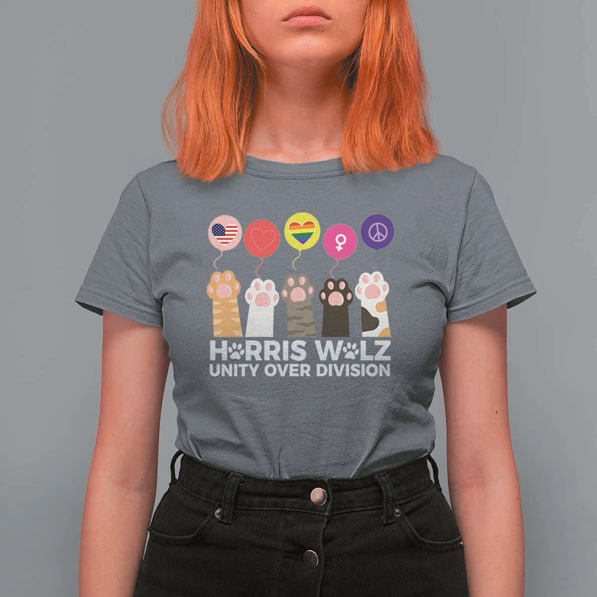 Funny Harris Walz Supporter T Shirt For Women Unity Over Division Cat Paw American Flag Human Rights Feminism Equal Rights - Wonder Print Shop