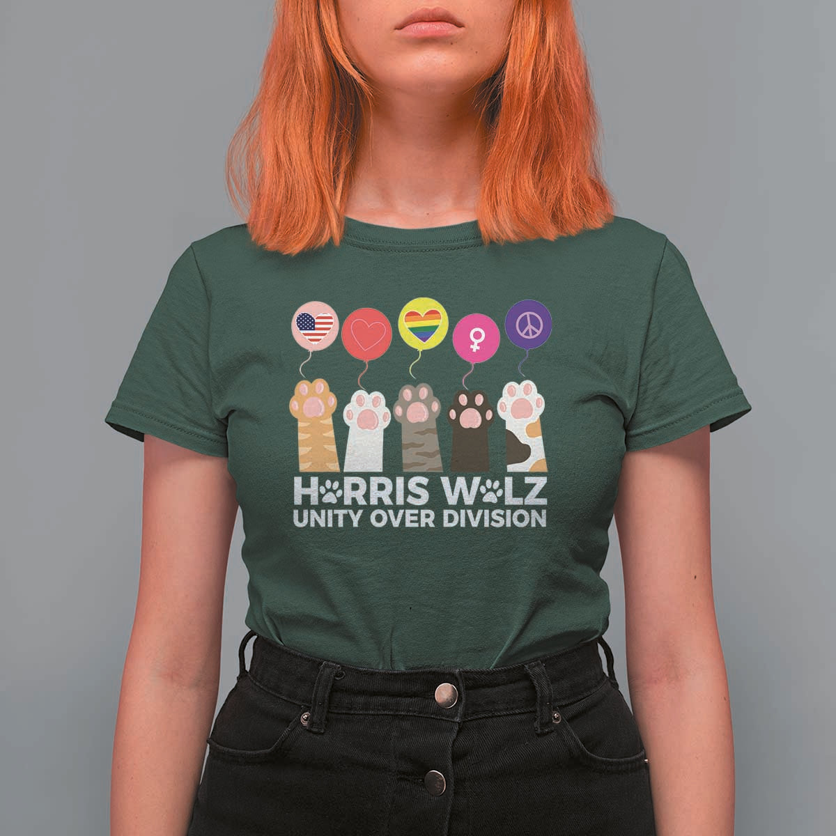 Funny Harris Walz Supporter T Shirt For Women Unity Over Division Cat Paw American Flag Human Rights Feminism Equal Rights - Wonder Print Shop