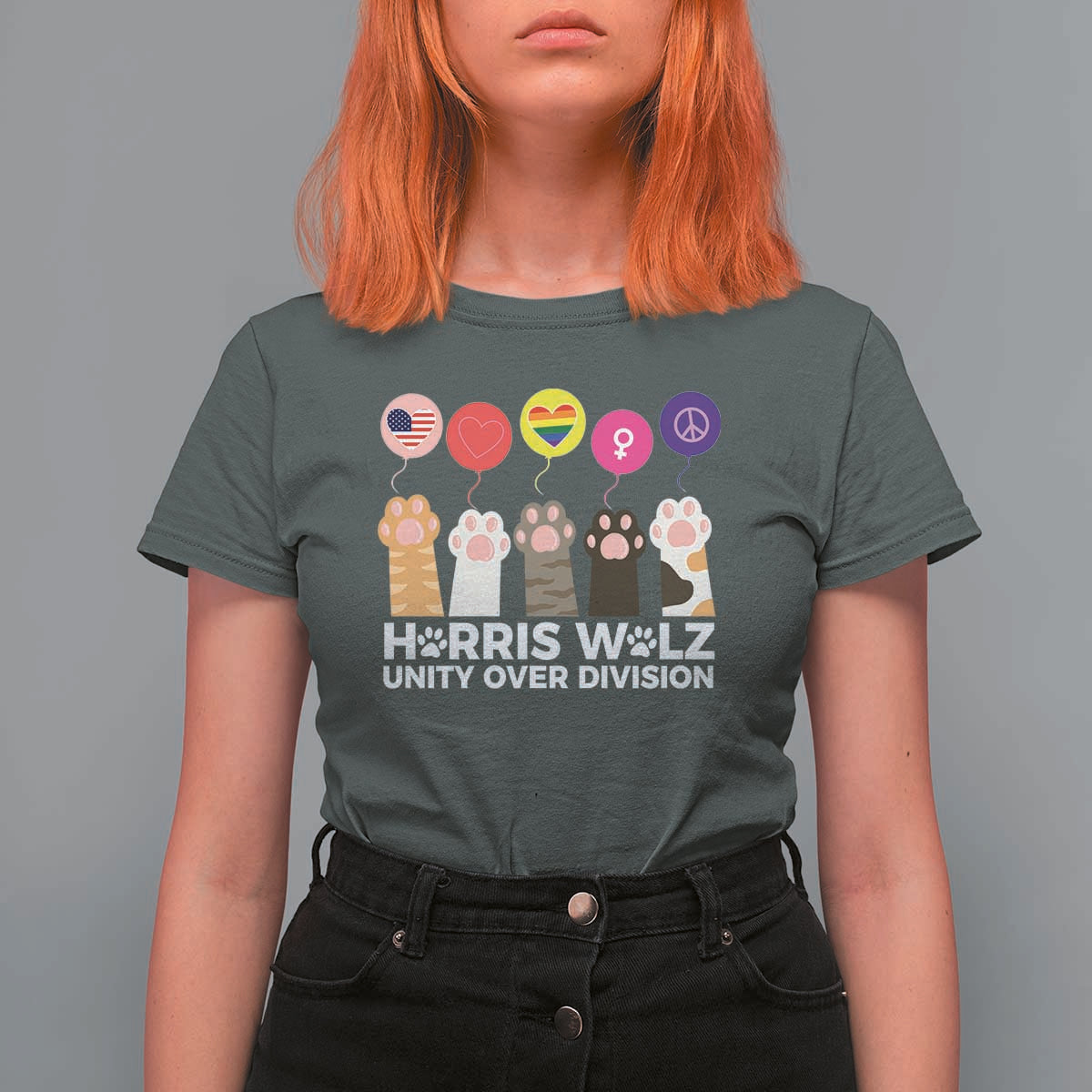 Funny Harris Walz Supporter T Shirt For Women Unity Over Division Cat Paw American Flag Human Rights Feminism Equal Rights - Wonder Print Shop