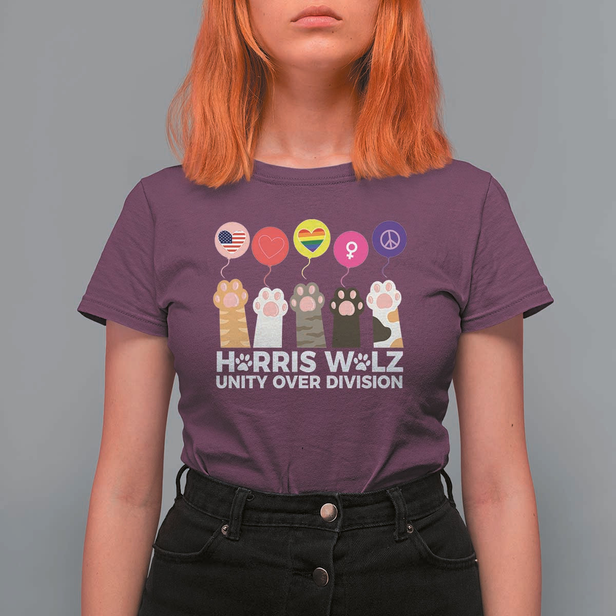 Funny Harris Walz Supporter T Shirt For Women Unity Over Division Cat Paw American Flag Human Rights Feminism Equal Rights - Wonder Print Shop