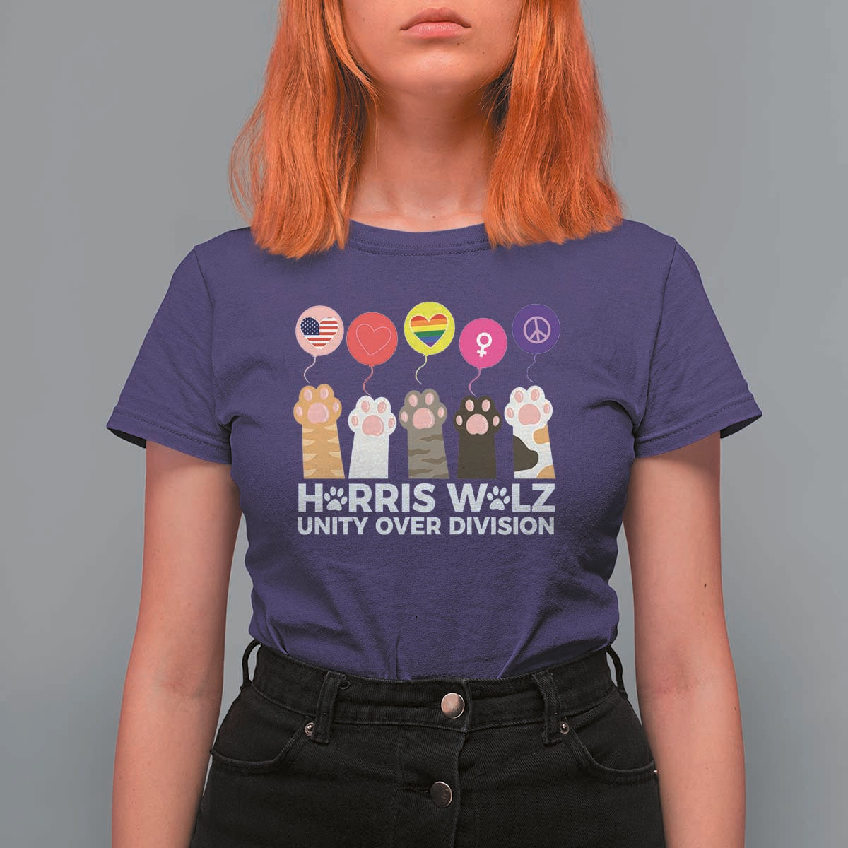 Funny Harris Walz Supporter T Shirt For Women Unity Over Division Cat Paw American Flag Human Rights Feminism Equal Rights - Wonder Print Shop