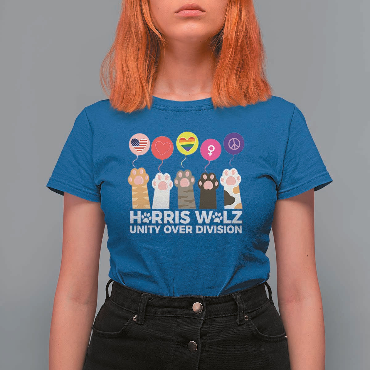 Funny Harris Walz Supporter T Shirt For Women Unity Over Division Cat Paw American Flag Human Rights Feminism Equal Rights - Wonder Print Shop
