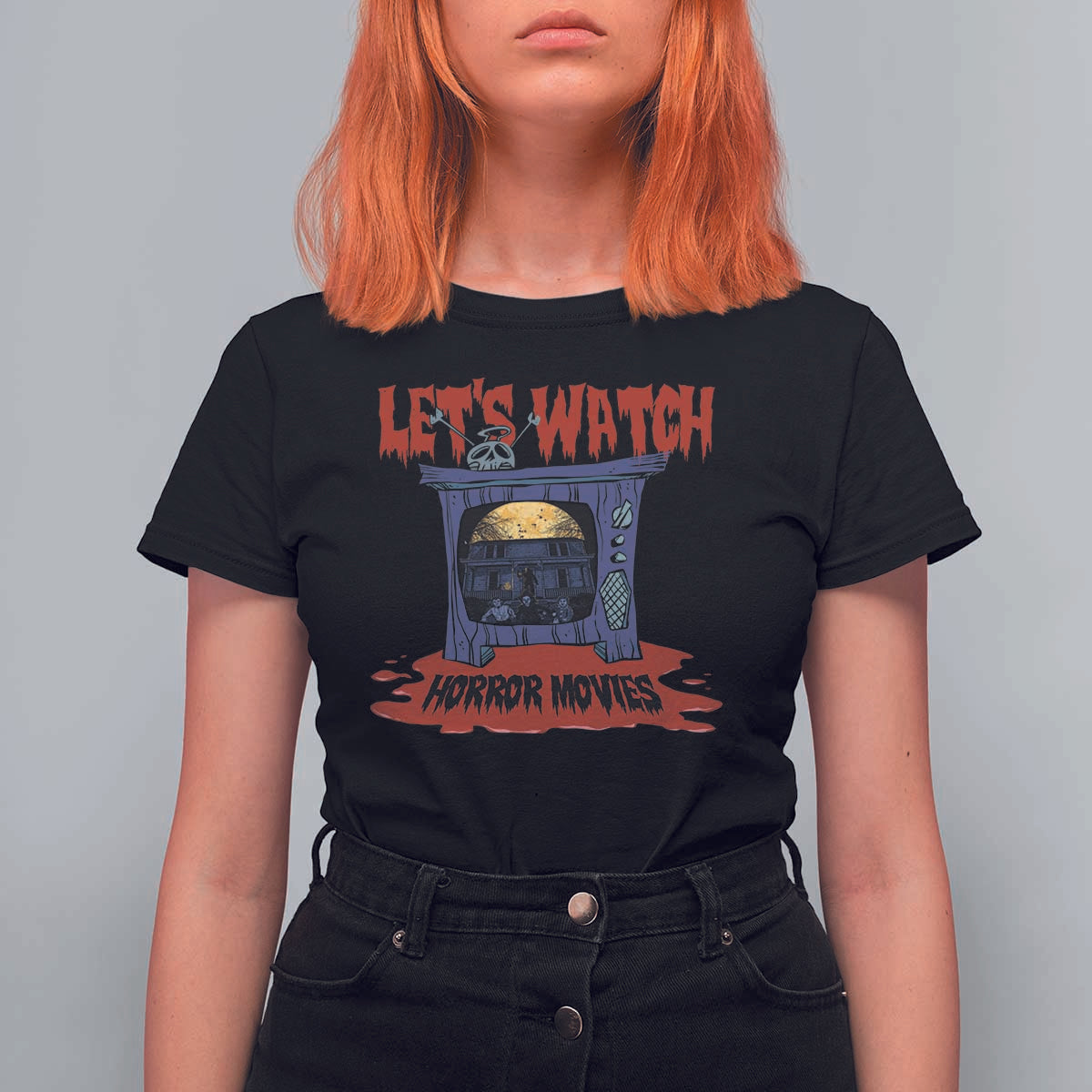 Funny Halloween T Shirt For Women Let's Watch Horror Movies Televison Murderer Blood Skull - Wonder Print Shop