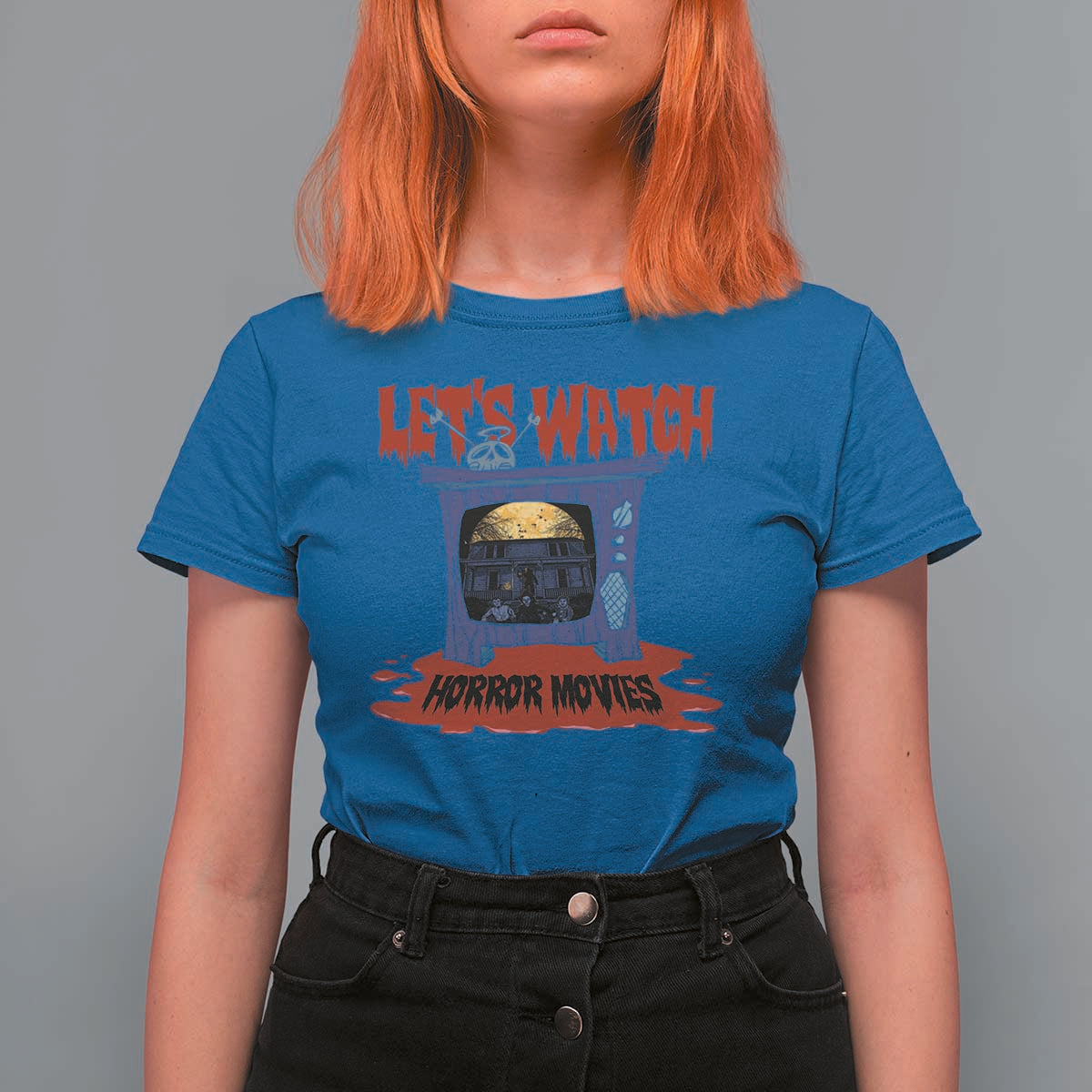 Funny Halloween T Shirt For Women Let's Watch Horror Movies Televison Murderer Blood Skull - Wonder Print Shop