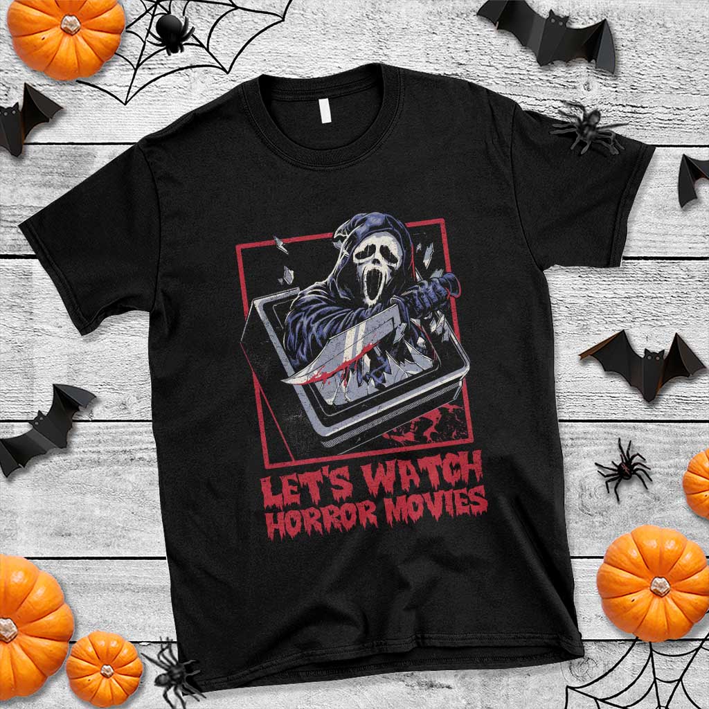 Funny Halloween T Shirt Let's Watch Horror Movies Ghost Broken Televison Knife - Wonder Print Shop