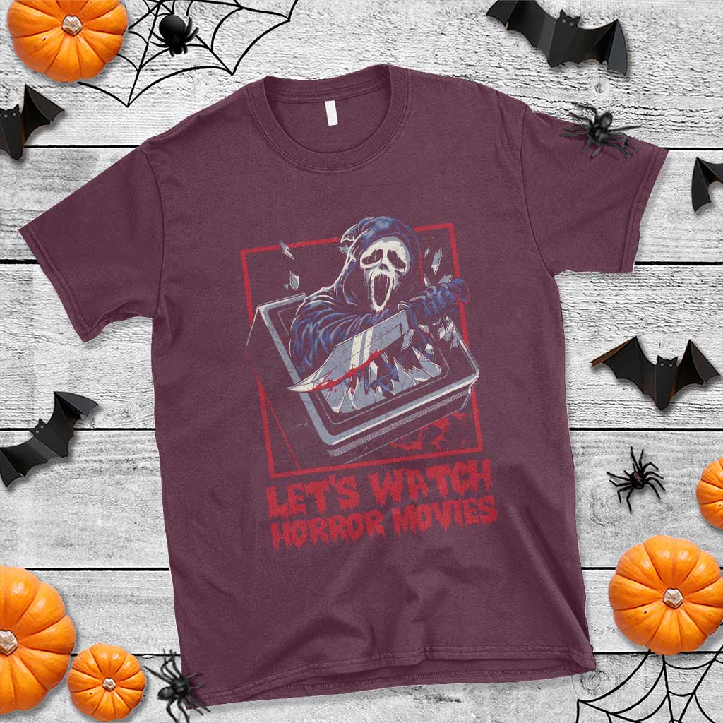 Funny Halloween T Shirt Let's Watch Horror Movies Ghost Broken Televison Knife - Wonder Print Shop
