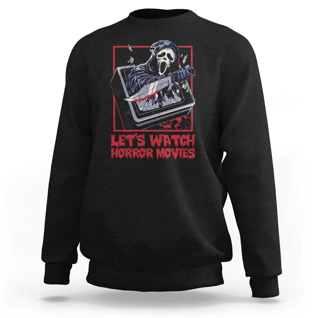 Funny Halloween Sweatshirt Let's Watch Horror Movies Ghost Broken Televison Knife - Wonder Print Shop