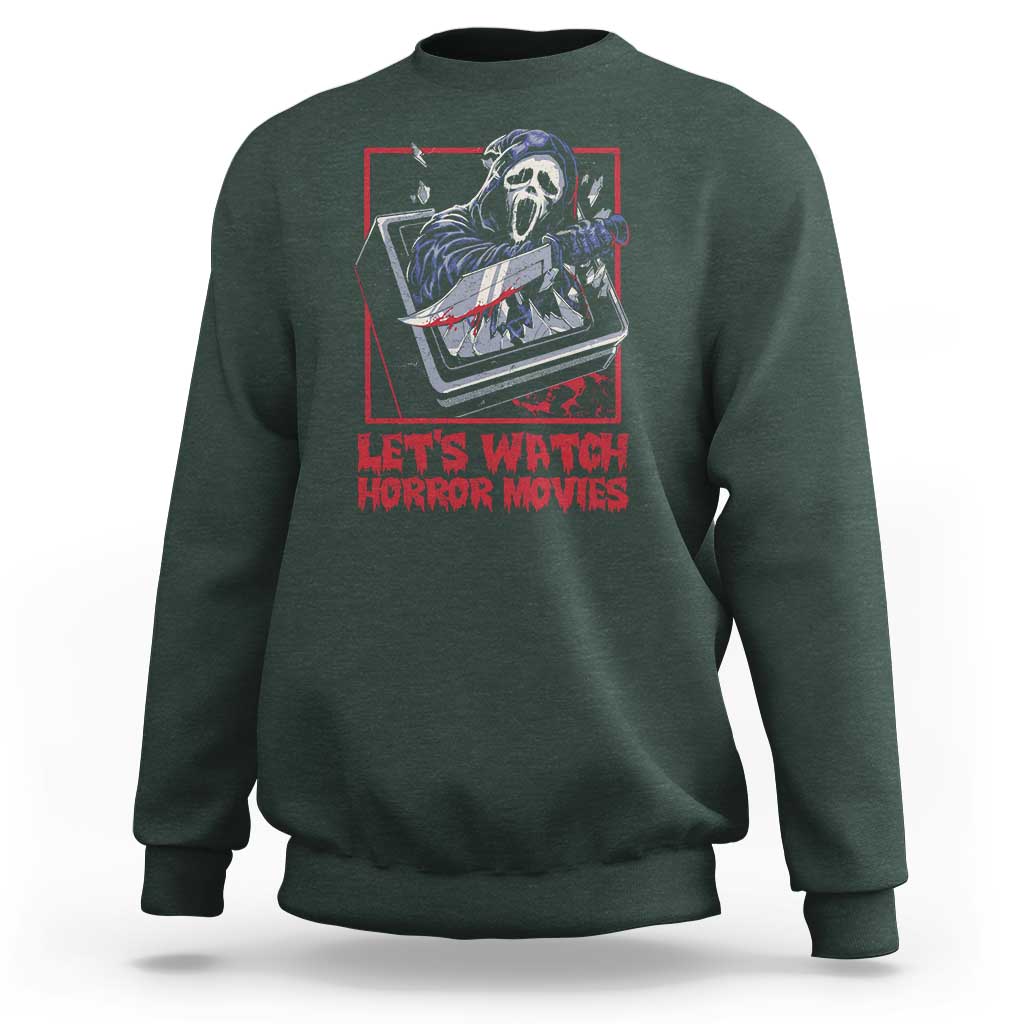 Funny Halloween Sweatshirt Let's Watch Horror Movies Ghost Broken Televison Knife - Wonder Print Shop