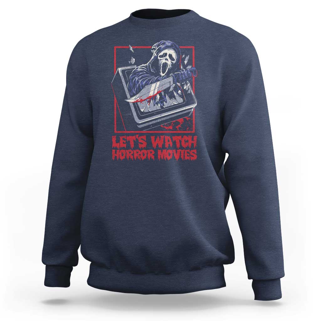 Funny Halloween Sweatshirt Let's Watch Horror Movies Ghost Broken Televison Knife - Wonder Print Shop