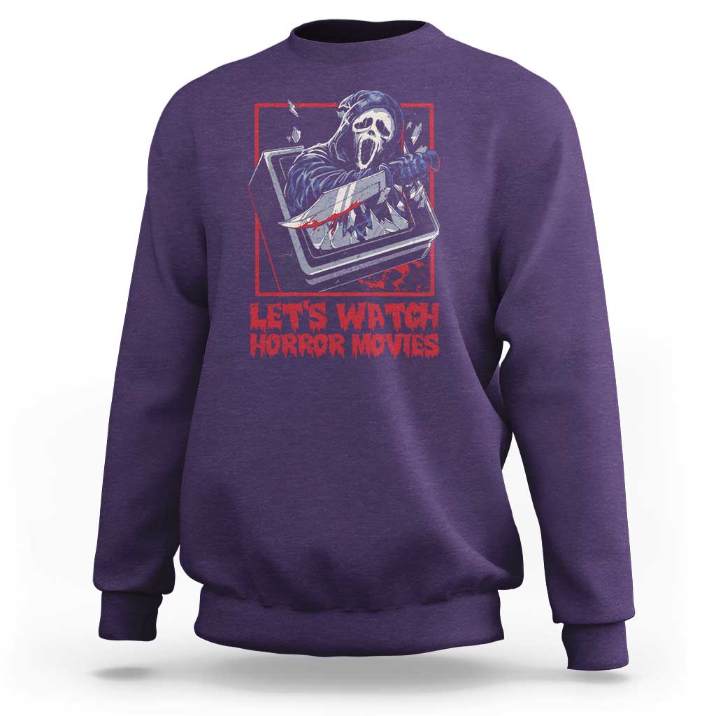 Funny Halloween Sweatshirt Let's Watch Horror Movies Ghost Broken Televison Knife - Wonder Print Shop