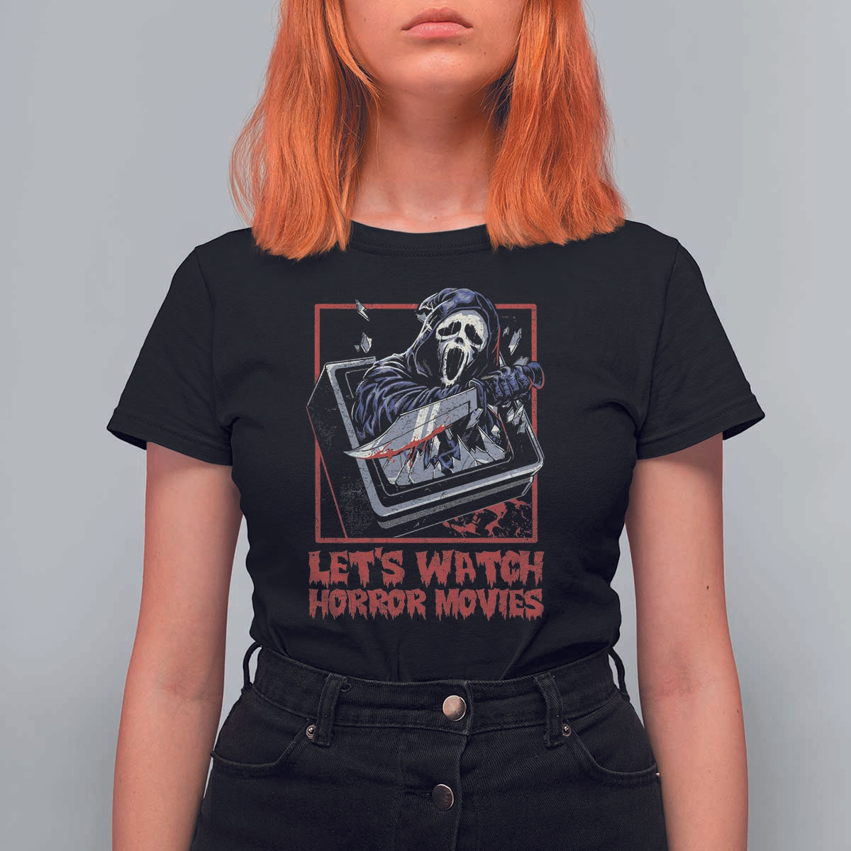 Funny Halloween T Shirt For Women Let's Watch Horror Movies Ghost Broken Televison Knife - Wonder Print Shop