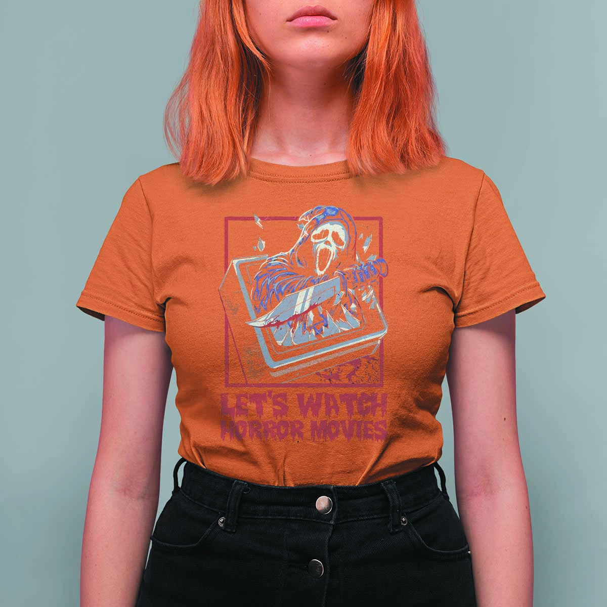 Funny Halloween T Shirt For Women Let's Watch Horror Movies Ghost Broken Televison Knife - Wonder Print Shop