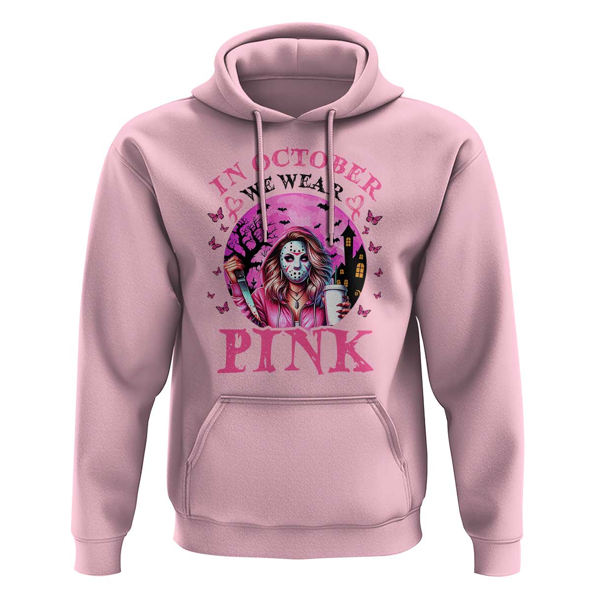 Breast Cancer Awareness Hoodie In October We Wear Pink Halloween Butterfly Bat Murderer - Wonder Print Shop