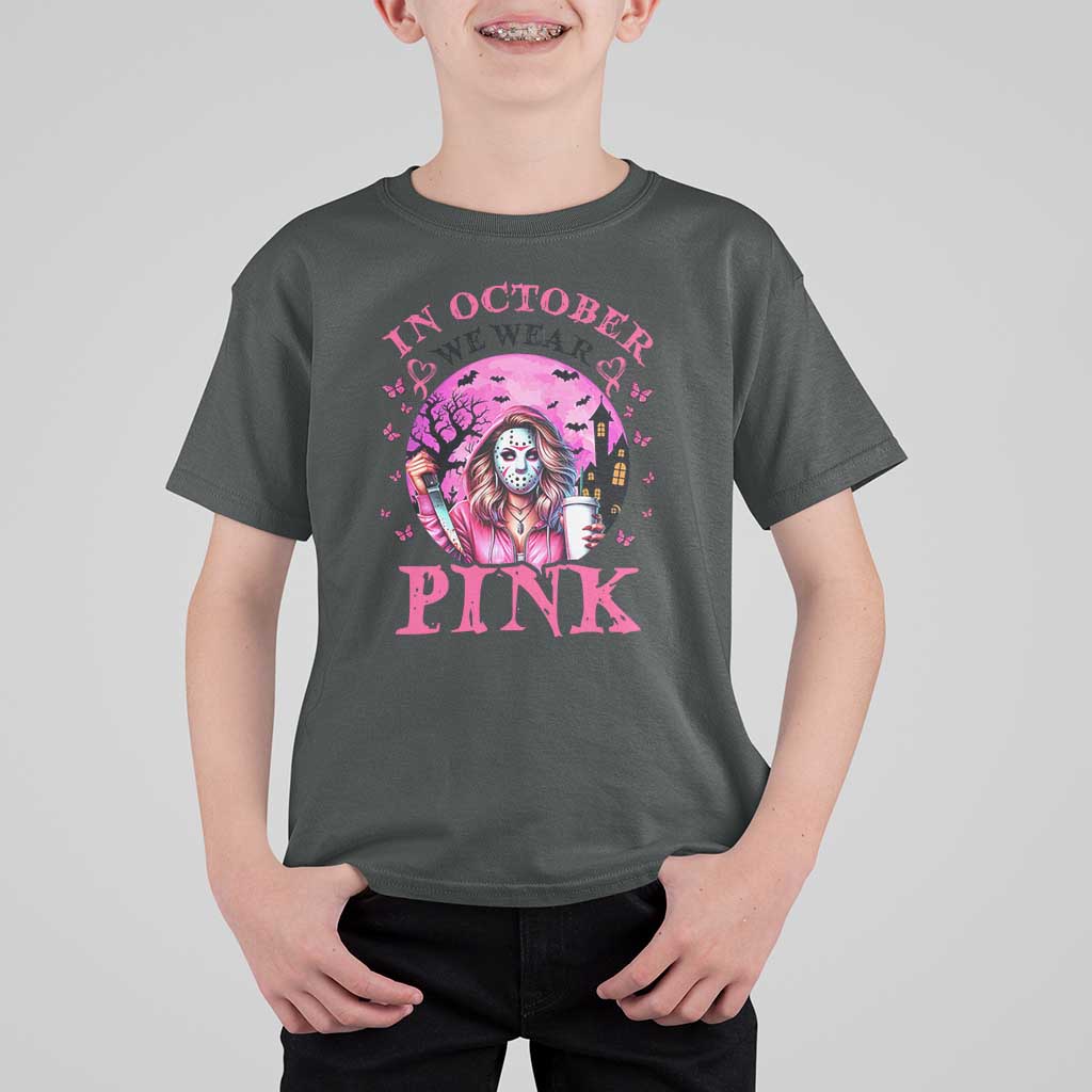 Breast Cancer Awareness T Shirt For Kid In October We Wear Pink Halloween Butterfly Bat Murderer - Wonder Print Shop