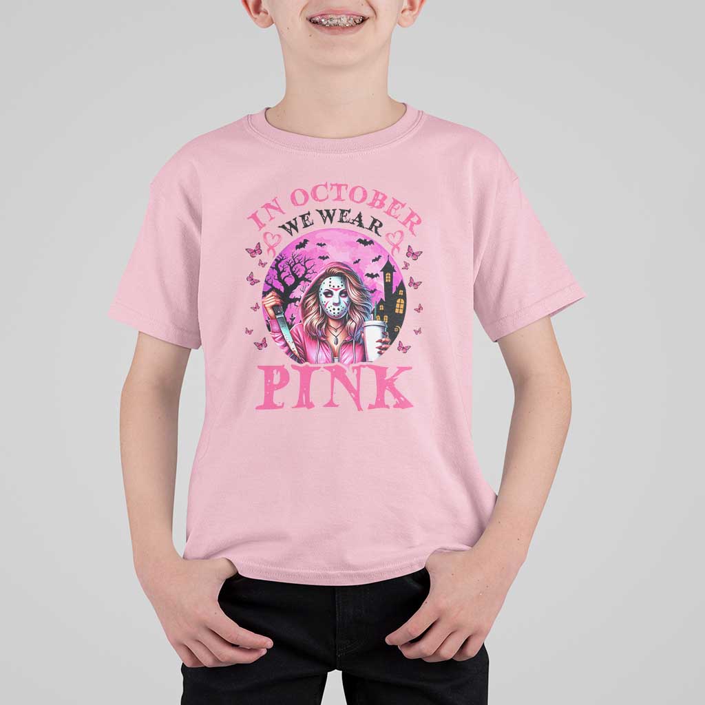 Breast Cancer Awareness T Shirt For Kid In October We Wear Pink Halloween Butterfly Bat Murderer - Wonder Print Shop