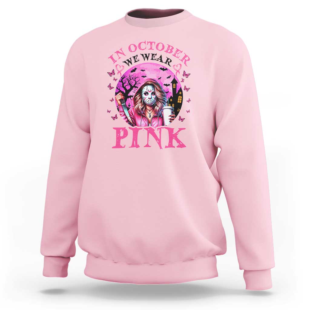 Breast Cancer Awareness Sweatshirt In October We Wear Pink Halloween Butterfly Bat Murderer - Wonder Print Shop