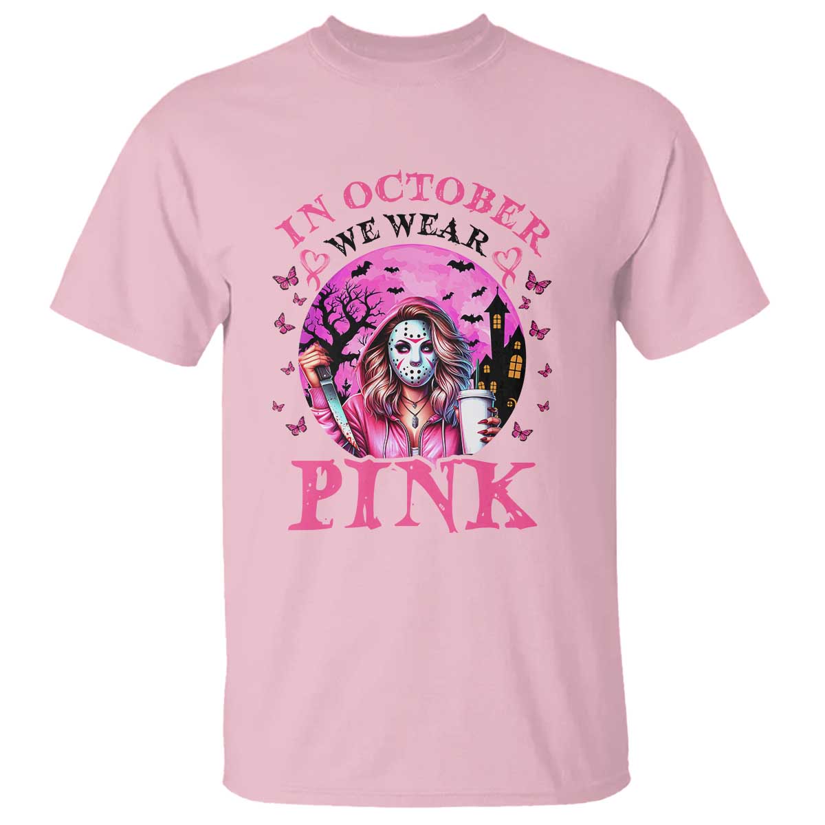 Breast Cancer Awareness T Shirt In October We Wear Pink Halloween Butterfly Bat Murderer - Wonder Print Shop